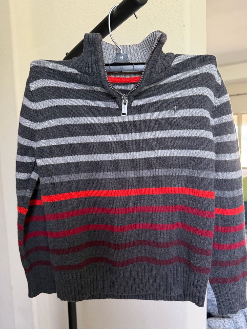 Calvin Klein Boys Gray, Light Gray & Red Striped Half-Zip Sweater M(5/6)